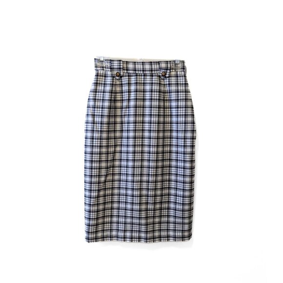 Vintage 90s Plaid Midi Skirt Black White Button Preppy Retro Secretary Size S - Picture 10 of 10